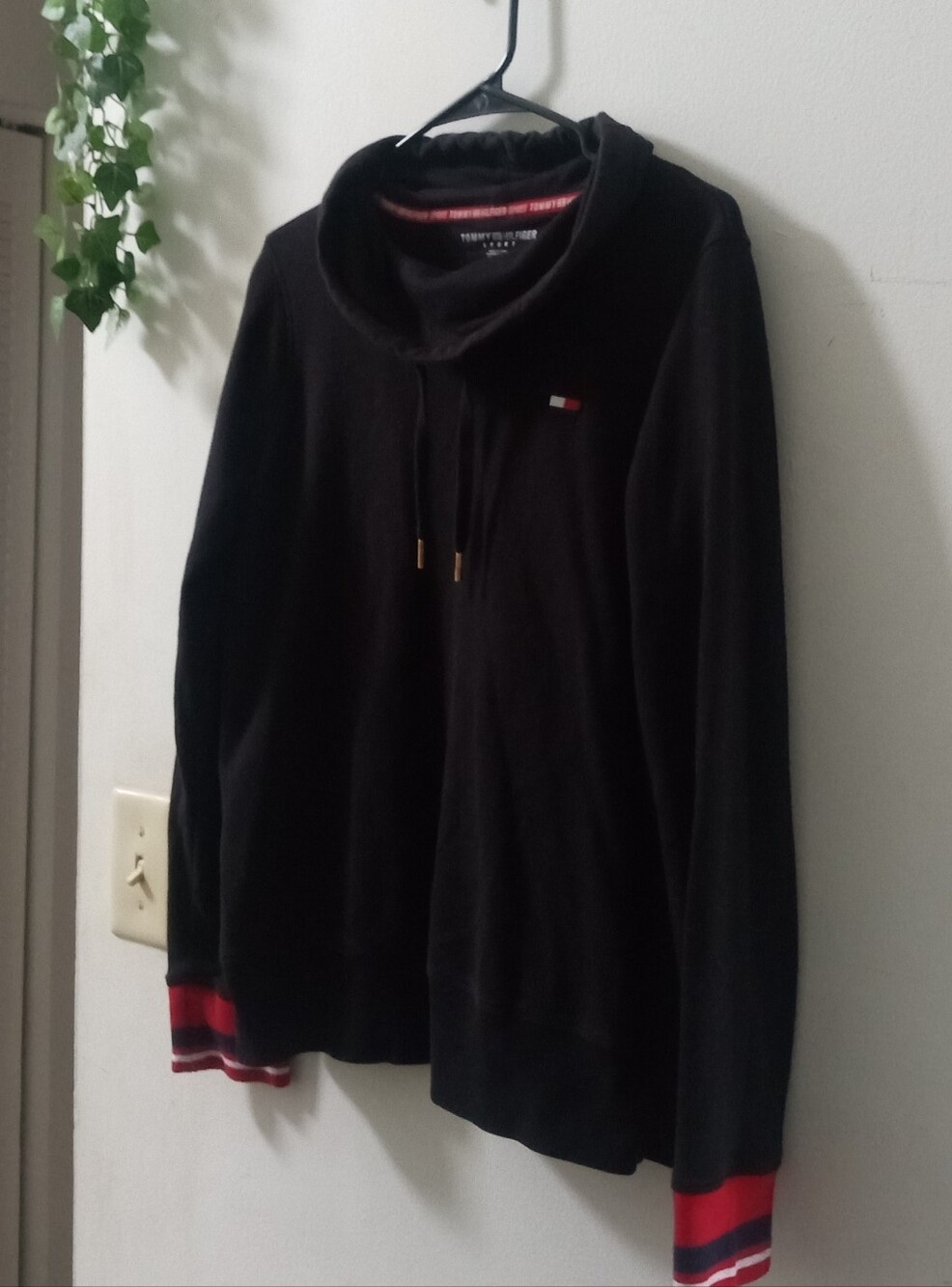 Tommy Hilfiger Black Funnel Neck Sweatshirt with Red Stripe Cuffs